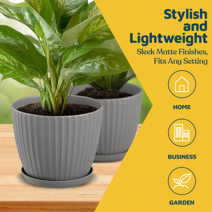 Gray 6-Inch Plant Pots with Drainage & Saucers 6 Pack, Indoor & Outdoor Planters for Houseplants, Herbs, and Flowers, Durable & Weatherproof Material, Stackable, Lightweight, Minimalist Design