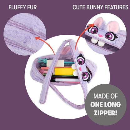 ZIPIT Bunny Pencil Case for Girls, Cute Zipper Pouch for Kids Teens, Stationery Bag for School,Purple