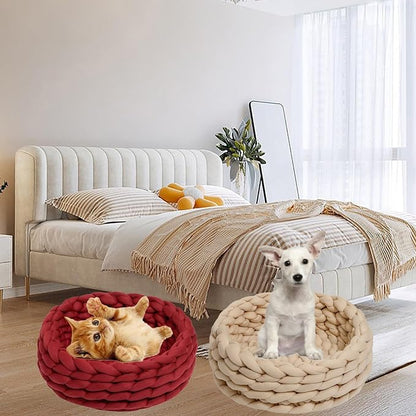 Woven Dog Bed Basket, Knitted Cotton Cat Bed Round Washable Woven Cat Pet Bed Chunky Dog Basket, Orthopedic, Chunky Knit Dog Nest,Dog Bed,Dog Cave,Dog Bedding(Red 1,19")