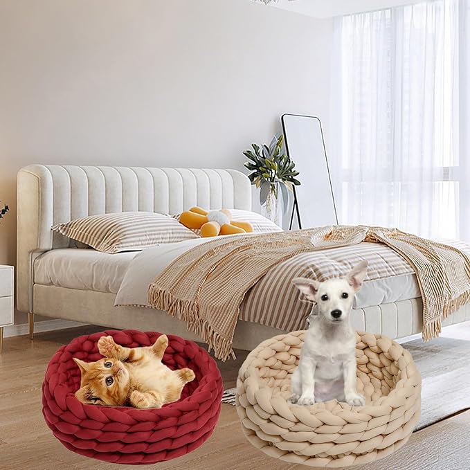 Woven Dog Bed Basket, Knitted Cotton Cat Bed Round Washable Woven Cat Pet Bed Chunky Dog Basket, Orthopedic, Chunky Knit Dog Nest,Dog Bed,Dog Cave,Dog Bedding(Red 1,17")