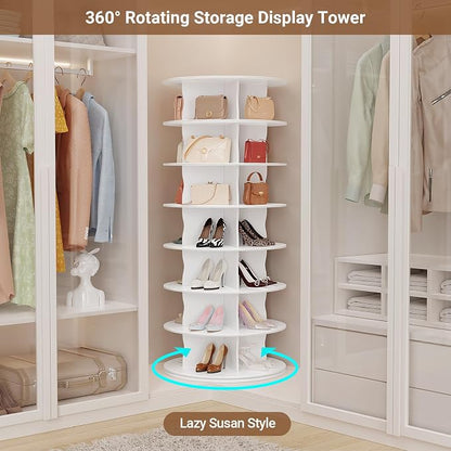6-Tier Rotating Standing Shelf Unit with Dividers, 360° Storage Display Tower Vertical Floor Organizer, for Bedroom, Closet, Entryway & Office, Ideal for Shoes, Cosmetics & Handbags, White