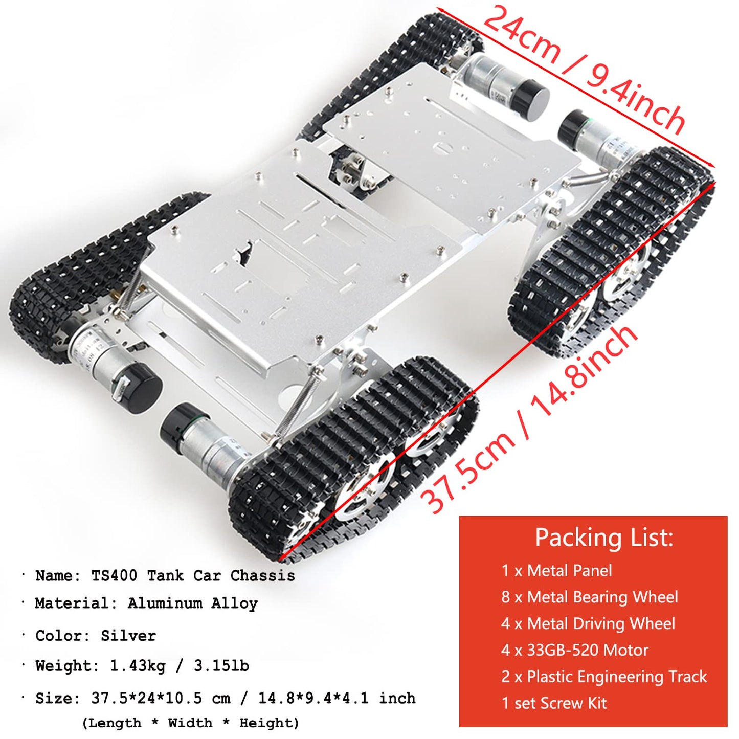 Swaytail Premium Large Metal 4WD Shock Absorption Robot Tank Car Chassis Kit for Arduino/Raspberry Pie/MicroBit with 33 DC Motor, Shock Absorbing Tracked Crawler with Damping System DIY Maker Model