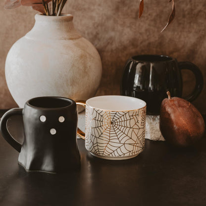 Sweet Water Decor Gold Spiderwebs Mug, 14oz Fine Bone China Coffee Cup with Gold Handle, Cute Halloween Decorations for Home, Spider Web Mug Fall Seasonal Decor, Spooky Season Gifts for Women