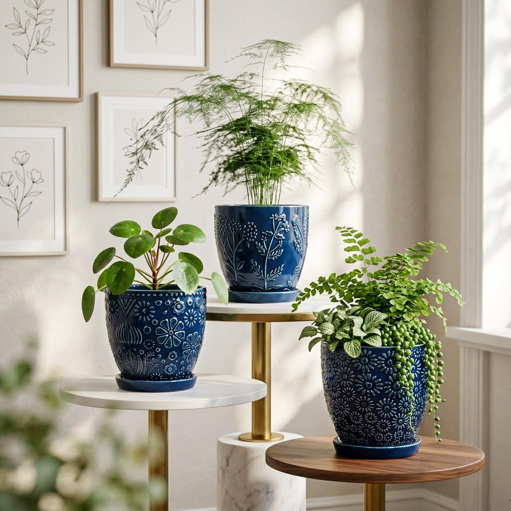 Hollyone Set of 3 Blue Ceramic Planter 6 Inch Flower Plant Pot with Drainage Hole and Saucer for Plants Embossed Indoor Outdoor Garden Embossed Ceramic Glazed Round Pot for Succulent Orchid