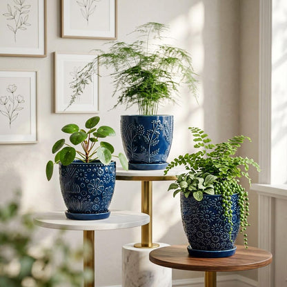 Hollyone Set of 3 Blue Ceramic Planter 6 Inch Flower Plant Pot with Drainage Hole and Saucer for Plants Embossed Indoor Outdoor Garden Embossed Ceramic Glazed Round Pot for Succulent Orchid