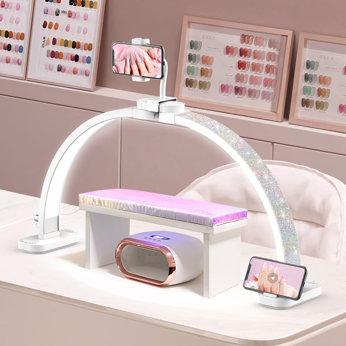 LIONVISON Half Moon Light for Nail Desk - 31-inch, 48W, Aluminum, White, Model 0002, Includes Phone Holder for Nail Tech, Makeup, Tattoo