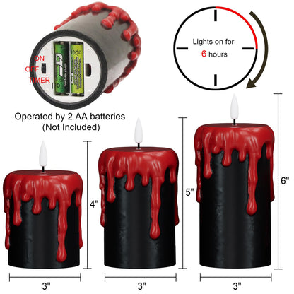 Wondise Halloween Flameless Candles with 6H Timer, Battery Operated Dripping Real Wax Black LED Pillar Candles 3D Wick Flickering Spooky Halloween Indoor Decoration (3 Pack, 3 x 4,5,6 Inches)
