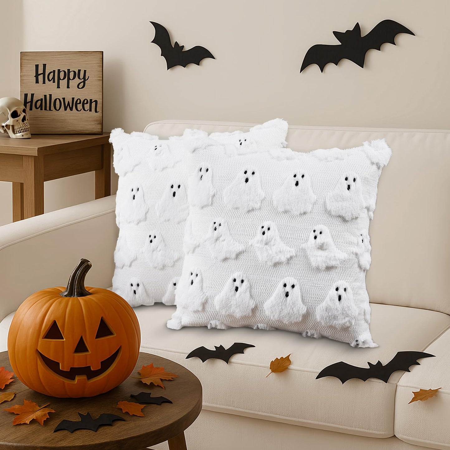 Emvency Halloween Throw Pillow Covers 18x18 Set of 2, Spooky Ghost White Decorations Pillow Cases Soft Plush Faux Fur Wool Couch Cushion Case for Couch Bed Sofa Living Room Home Decor