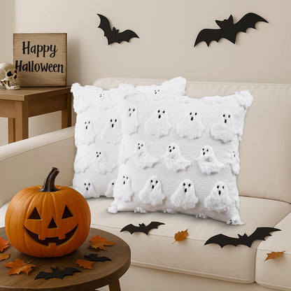 Emvency Halloween Throw Pillow Covers 18x18 Set of 2, Spooky Ghost White Decorations Pillow Cases Soft Plush Faux Fur Wool Couch Cushion Case for Couch Bed Sofa Living Room Home Decor