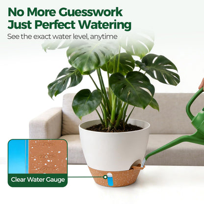 T4U 5 Pack Self Watering Pots (6"+8"+9"+10"+12") - Water Level Indicator & Deep Reservoir, Mess-Free Planters for Busy People, Beginners & Gardeners, Fit Most Plants, Indoor Outdoor Use (White)