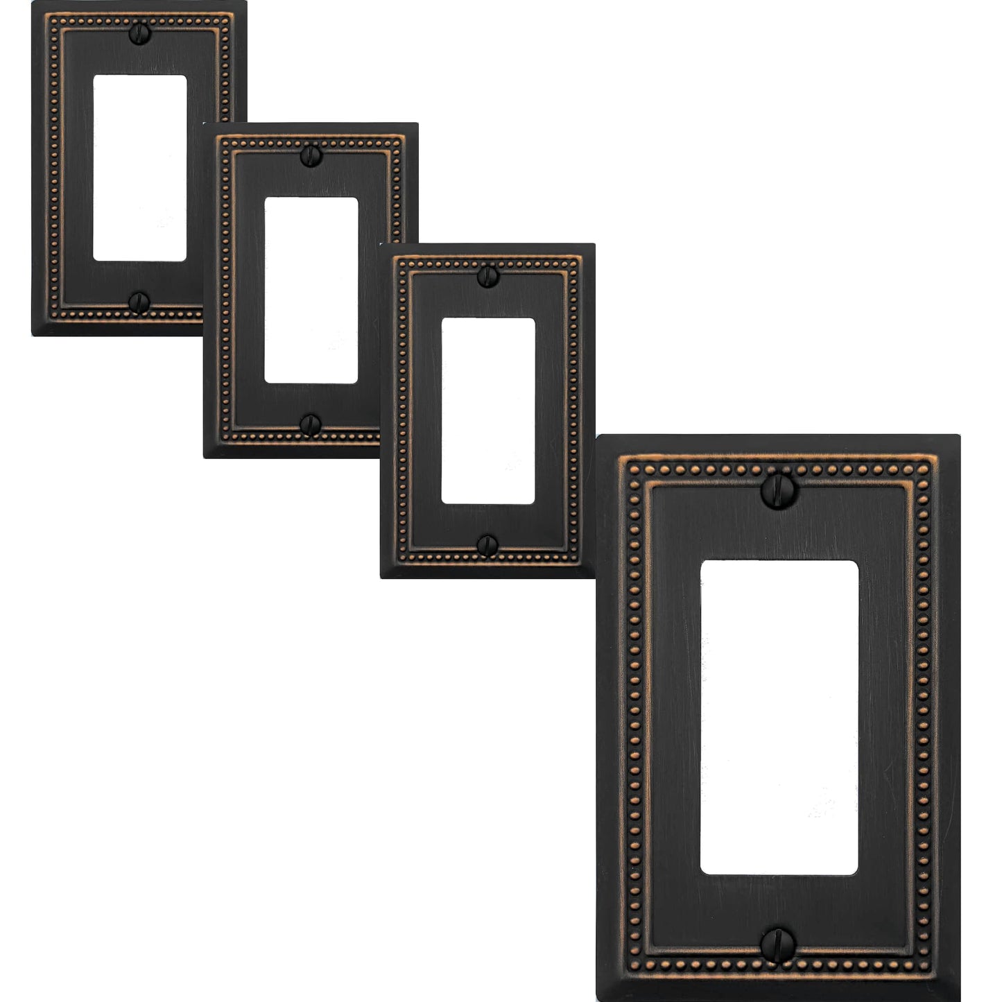 OKAWYC Single Decorator Light Switch Cover Belaire Beaded Metal Wall Plate, 4-Pack Aged Bronze 1 Gang Single Rocker Oil Rubbed Bronze Receptacle Dimmer Switch GFCI Outlet Decorative Wallplate, Durable