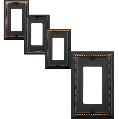 OKAWYC Single Decorator Light Switch Cover Belaire Beaded Metal Wall Plate, 4-Pack Aged Bronze 1 Gang Single Rocker Oil Rubbed Bronze Receptacle Dimmer Switch GFCI Outlet Decorative Wallplate, Durable