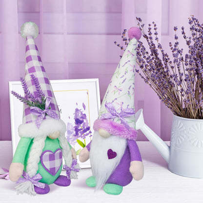 KnomeKo Spring Gnome Decor Set of 2, Lavender Gnomes with Sage Green & Purple Ribbon Bows, Plush Swedish Gnome Decorations for Home Tiered Tray Farmhouse Kitchen, Birthday Gift for Women