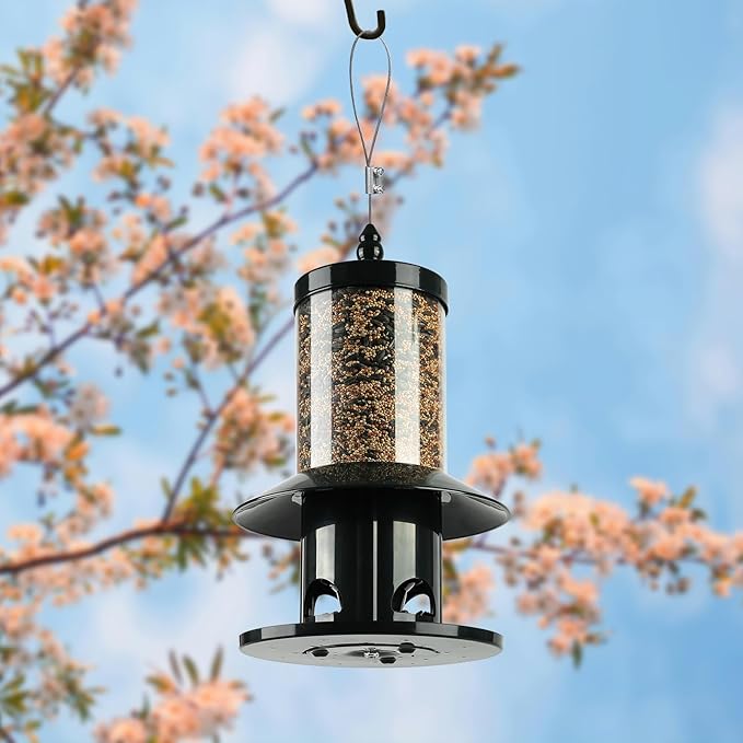 Squirrel Proof Bird Feeder - 360° Feeding Perch Tray for Outdoor Hanging Wild Bird Seeds, Dark Green.