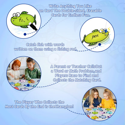 Quixorblex Magnetic Fishing Game 40 Dry Erase Fish Cards 48 Sight Words Flash Cards Kindergarten DIY Alphabet Fish Sight Word Games Educational Toys