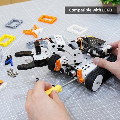Qtruck 4-in-1 Smart Robot Car for Micro:bit V2 Programming STEM Project Educational Robot Kit Tracked Tank Car for Robotic Beginner Learn Micro:bit Graphical Makecode Coding Car (with Micro:bit V2)