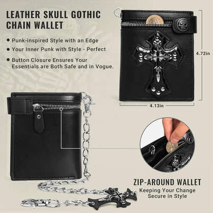 ZEKEE Cross Chain Wallet Leather - Jesus Gifts - Punk Skull Gothic Bifold Halloween Goth Accessories | Unisex, Black