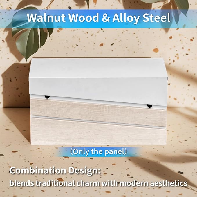 Wall-Mount Mailbox, White Walnut Wood Panel, Rust Resistant Large Capacity House Mailbox, Modern Drop Mailboxes for Outside, Metal Post Box (No Keys Locking)