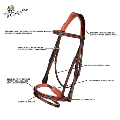 Exion Horse Snaffle Jumping Bridle | Anatomic Soft Lined Crownpiece Designer Stitched Browband & Flash Noseband Horse Bridle with Grippy Rubber Reins | English Bridle for Horses
