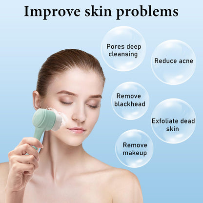 Face Brush 2 in 1, Facial Cleansing Exfoliating Scrubber Brush, Silicone Double Side Manual Face Wash Scrub Brush with Soft Bamboo Charcoal Fiber for Deep Pore Cleansing, Massaging, Skin Care