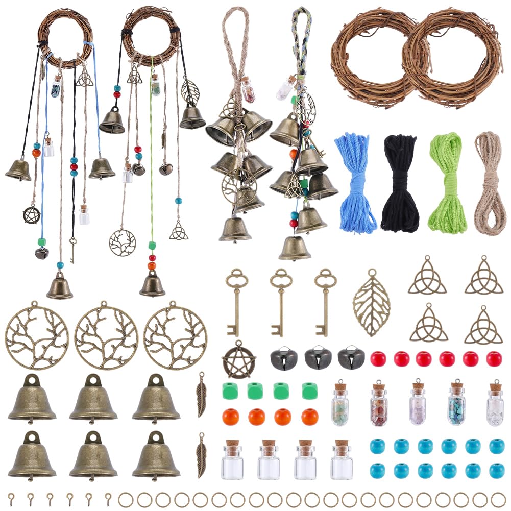 SUNNYCLUE 108Pcs Witch Bells for Protection DIY Witch Bell Ornaments Antique Boho Wishing Bottle Wreath Witchcraft Magic Witchy Bells Wind Chime Decoration for Door Knob Hanger Decor Home Gift