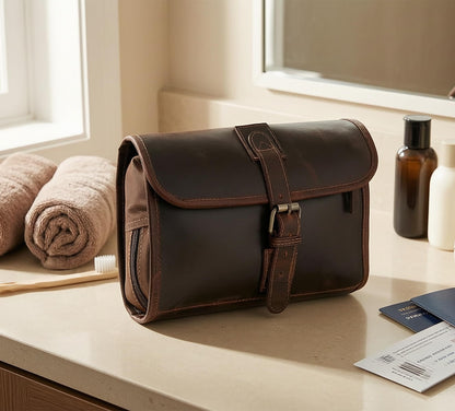 RUSTIC TOWN Leather Hanging Toiletry Bag for Men - Travel Shaving Dopp Kit - Bathroom Shower Toiletries Organizer - Leather Makeup Cosmetic Bag for Women
