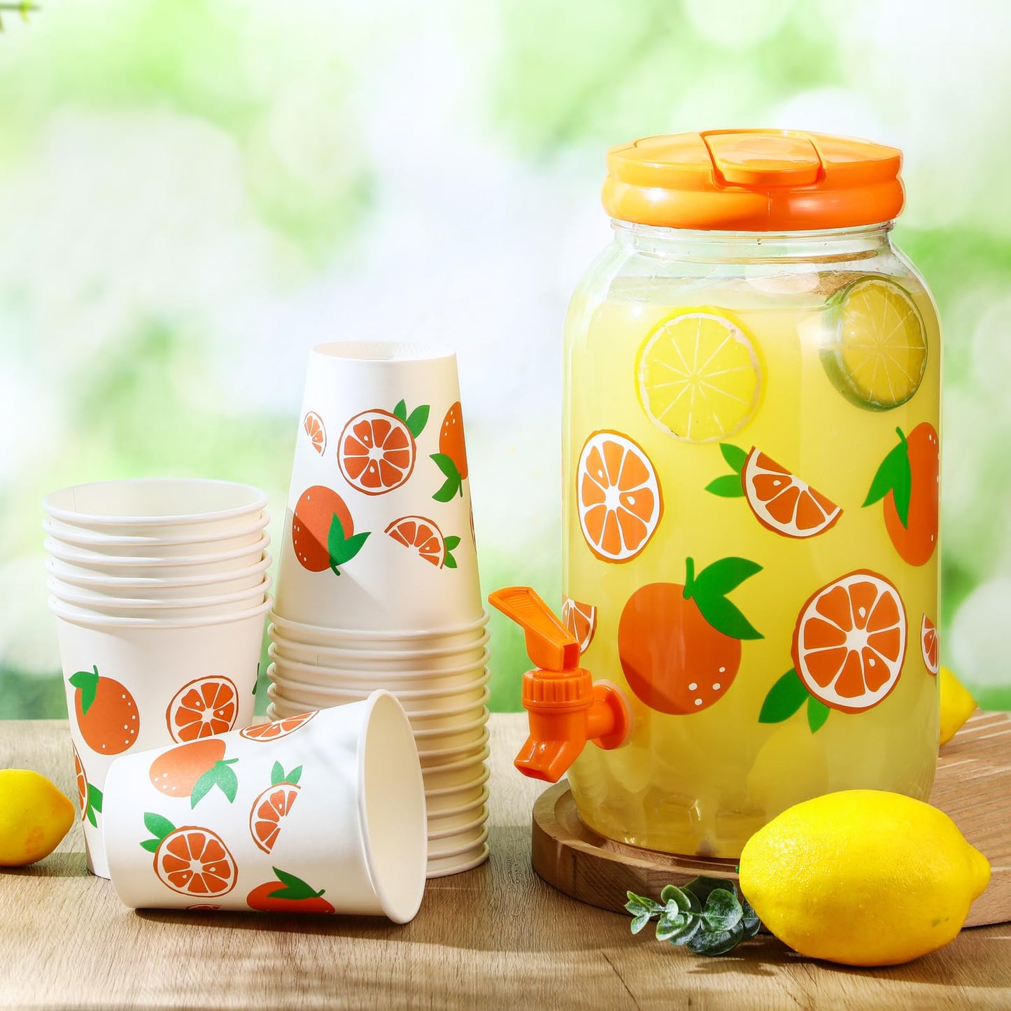 Umigy Tree Clear Plastic Drink Dispenser with 20 Pcs 12 oz Tropical Paper Cups 1 Gallon Kitchen Fridge Beverage Dispenser Plastic Water Dispenser with Spigot for Juice Tea Beer(Orange)