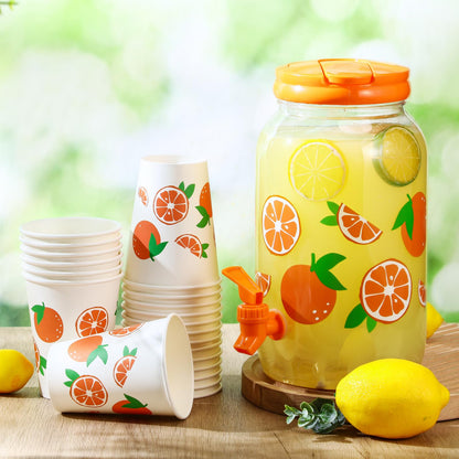 Umigy Tree Clear Plastic Drink Dispenser with 20 Pcs 12 oz Tropical Paper Cups 1 Gallon Kitchen Fridge Beverage Dispenser Plastic Water Dispenser with Spigot for Juice Tea Beer(Orange)