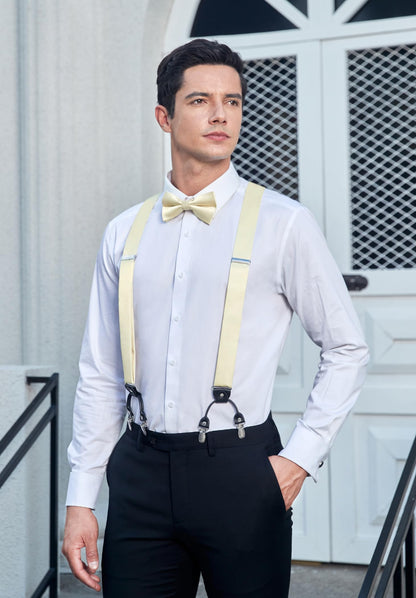 HISDERN Champagne Bow Tie & Suspenders for Men Light Gold Suspender Bowties Pocket Square Set Adjustable Y Shape 6 Strong Clips Braces Formal Wedding