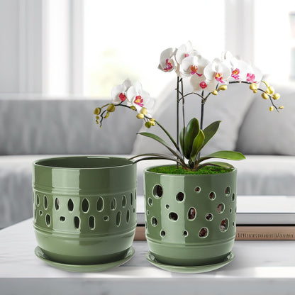 COLOAPT Orchid Pots, 5+6 Inch Orchid Pots with Holes, Ceramic Plant Pot with Drainage and Saucer, Enhance Good Ventilation, Indoor/Outdoor Flower Pot Set of 2 - Green