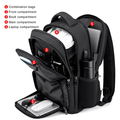 RJEU School Backpack for Teen Boys & College Students - 17.3 Inch Laptop Backpack with USB Charging Port, Anti-Theft Water Resistant Large Bookbag for Men, Travel & Work, Black