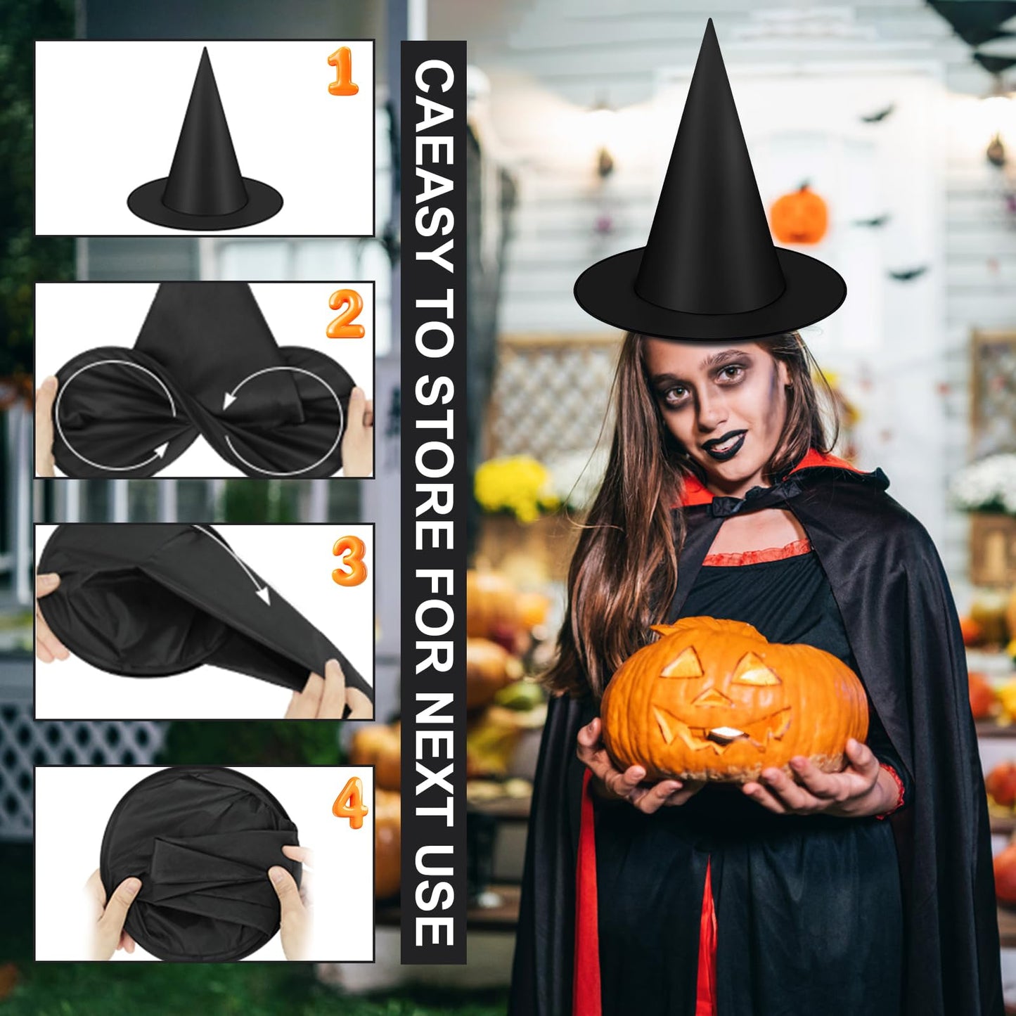 Famoby 12pcs Halloween Black Witch Hat with 157 FT Nylon Cord &120pcs Bat Sticker for Indoor Outdoor Home Yard Porch Ceiling Halloween Party Decorations