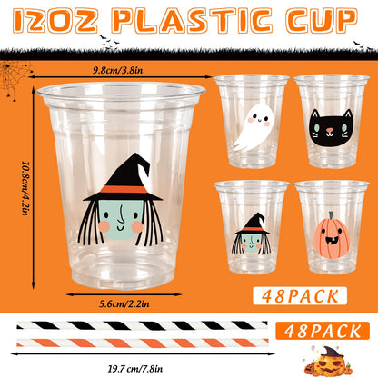 Whaline 48Pcs 12Oz Halloween Plastic Cups with Lids & Straws Ghost Pumpkin Black Cat Disposable Clear Drinking Cups for Holiday Birthday Party Supplies