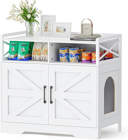 35" Ultra-Large Cat Litter Box Enclosure, Hidden Litter Box Cabinet with Anti-Tipping Fence and 2 Open Drawers, Enclosed Litter Box Furniture End Table, White