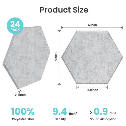 TOMAIX 24 Pack Hexagon Panel, 12"X10"X 0.4"Gray Hexagon Self Adhesive Soundproof Wall Panels, High-Density Sound Absorbing Panels, Acoustic Treatment Panels