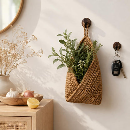 Boho Hanging Wall Baskets for Kitchen – 3 Pack Handwoven Jute Teardrop Storage Baskets with Adhesive Hooks for Fruit Onion Potato Vegetable, Farmhouse Wall Decor (Linen/Triangle/Jute, 3 Sizes)