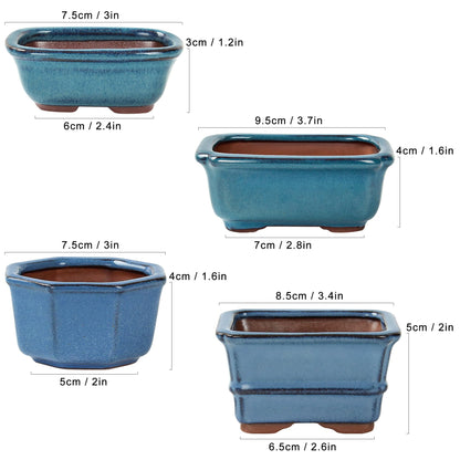 Bonsai Planter Succulent Mini Glazed Pots Value Set of 4, with 4 Soft Mesh Drainage Screens