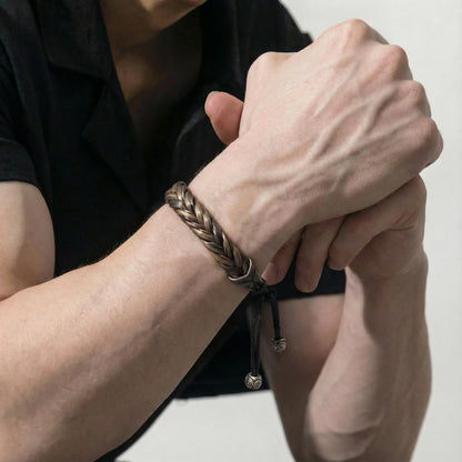 Hius Leather Bracelet for Men, Brown Adjustable Braided Leather Bracelet Wristband, Men's Leather Jewelry