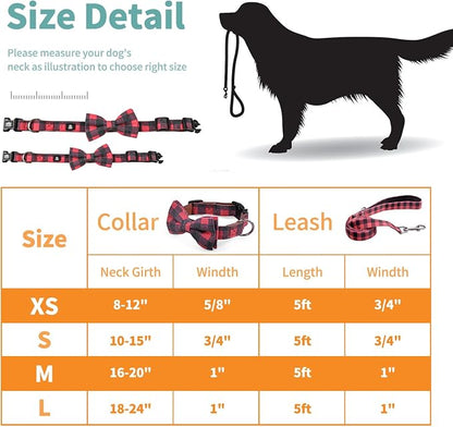 IVY&LANE Dog Collar with Bowtie and Leash Set | Plaid Adjustable Dog Collar | Detachable Bow Tie |5 FT Dog Leash | for Small Medium Large Dogs | Checkered Red | Medium