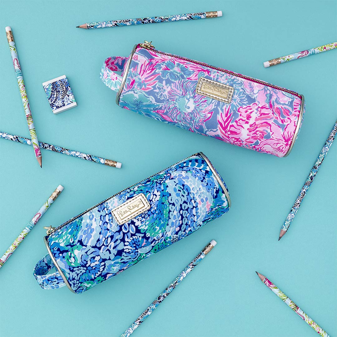 Lilly Pulitzer Blue Pen and Pencil Pouch Holder, Cute Travel Bag/Case with Carrying Handle and Zip Close, Wave After Wave