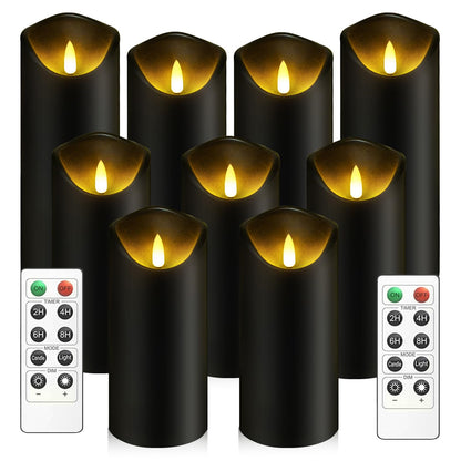 kakoya Flickering Flameless Candles, Battery Operated Plastic LED Pillar Candles with Remote Control and Timer, Set of 9 (Black)