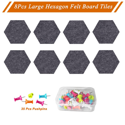 HULAVO Large Hexagon Felt Cork Board Tiles, Self Adhesive DIY Felt Bulletin Board Pin Board with 35 Pushpins for Office School Home Wall Decor Stickers Memos Photos Display(Deep Grey)