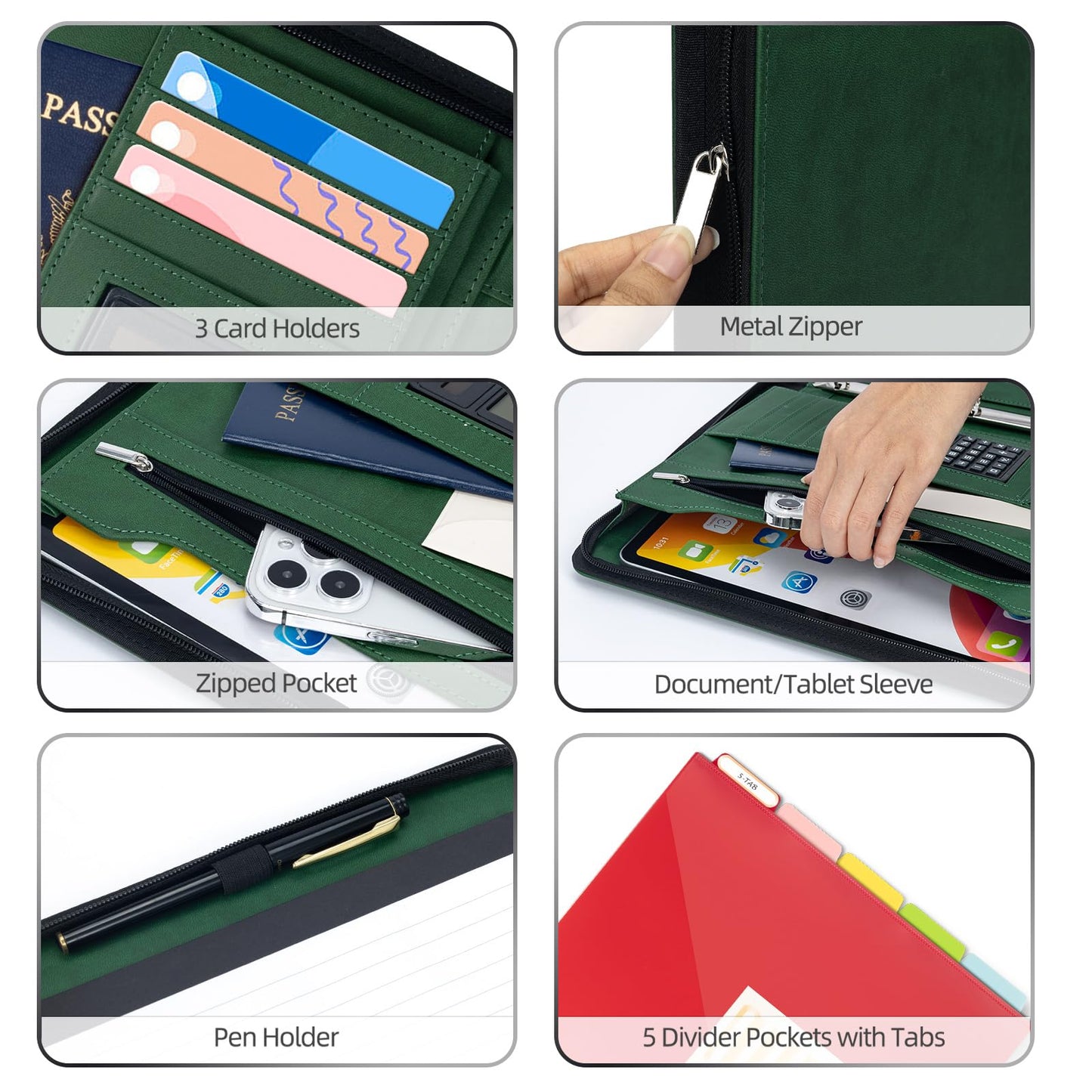 Ospelelf Green Clipboard with Storage 3 Binder Leather Portfolio Folder with Zipper, 12.1” Tablet Sleeve, 5 Dividers with Pocket, Refillable Notepad, Card Slot