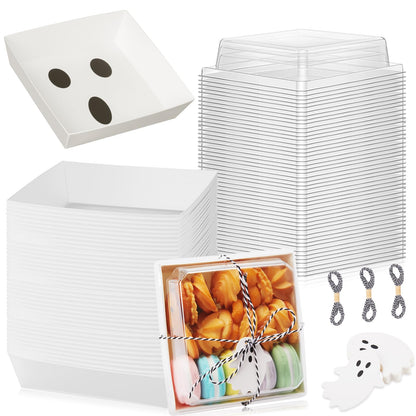 Yaomiao 50 Pcs Halloween Ghost Charcuterie Boxes with Clear Lids Rope Card 5.3 Inch Square Disposable Paper Food Containers Bakery Dessert Treat Boxes for Cake Cookie Sandwich Halloween Party Favors