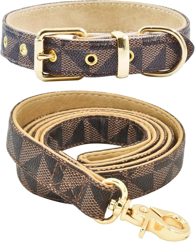 Leather Dog Collar and Leash Set, Check Pattern Dog Collar Leashes Metal Buckle Adjustable Durable for Small Medium Large Dogs (Brown, S(11.4-13.4IN))