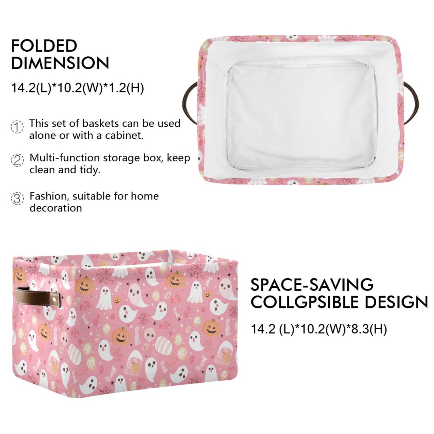 Wamika Halloween Pink Storage Basket with Waterproof Liner and PU Handles Pumpkin Ghost Candy Storage Bins Boxes 14.2" Collapsible Decorative Organizer Baskets for Bedroom Closet Office 1 Pack