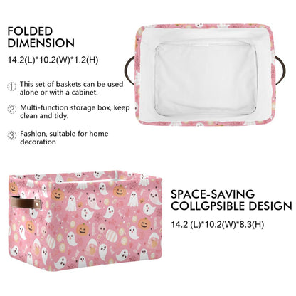 Wamika Halloween Pink Storage Basket with Waterproof Liner and PU Handles Pumpkin Ghost Candy Storage Bins Boxes 14.2" Collapsible Decorative Organizer Baskets for Bedroom Closet Office 1 Pack