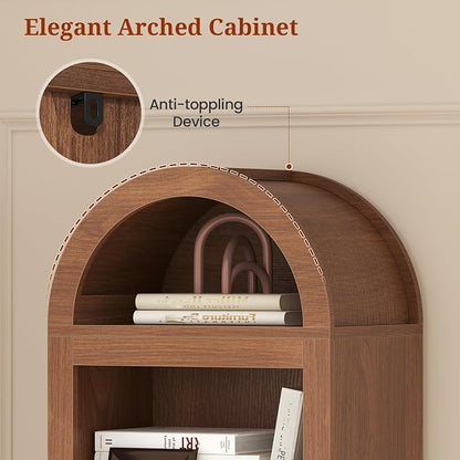 UPOSOJA 76" Tall Narrow Arched Bookcase,7-Teir Mid-Century Modern Bookshelf,Adjustable Shelves offering More Storage Space for Living Room,Kitchen,Home Office (Brown, Narrow)