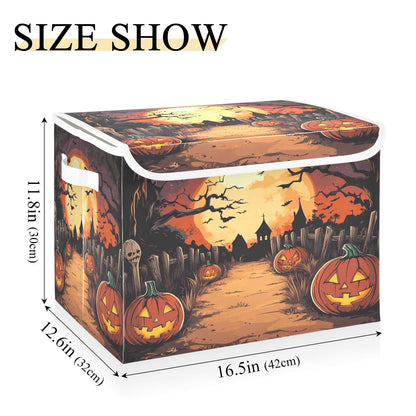 Bolaz Storage Bins with Lids and Handles,Halloween Night Pumpkin Skull Storage Box Storage Basket with Cover Collapsible Organizer Containers for Home Closet, Shelves