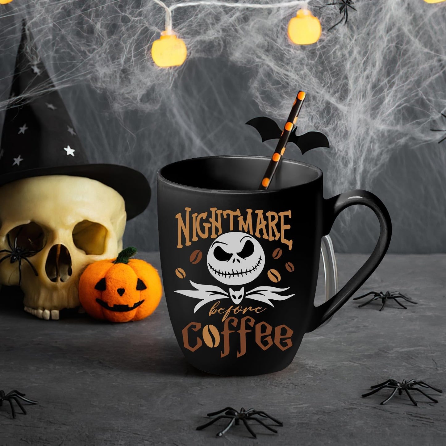 Pycat Jack Ceramic Black Coffee Mug Gifts, Nightmare Before Coffee Tea Cup with Handle, Halloween Christmas Holiday Gifts for Friends Women Men Novelty Funny Drink Mugs 13 oz